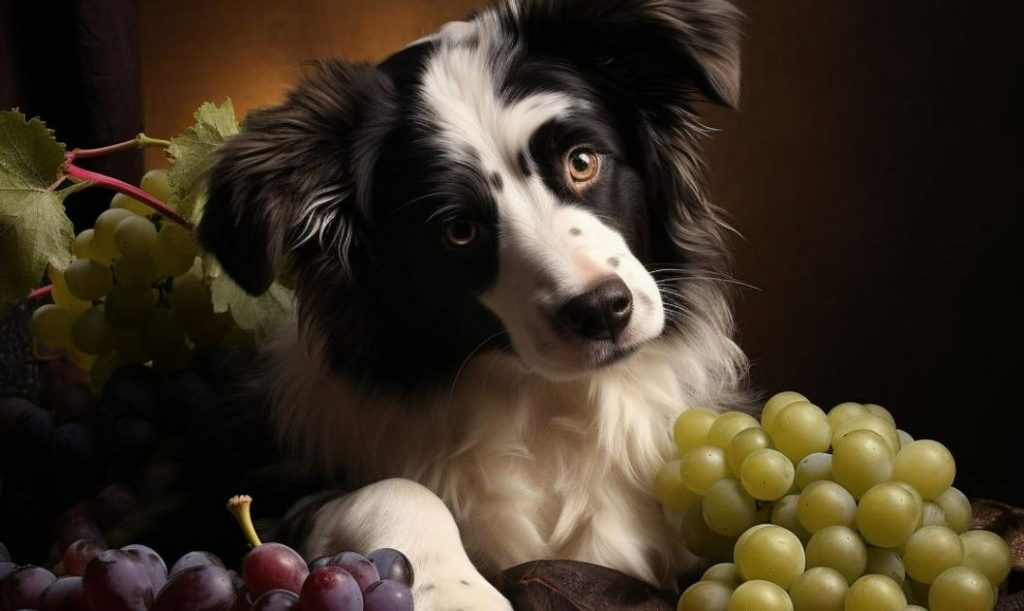 perro rodeado de uvas