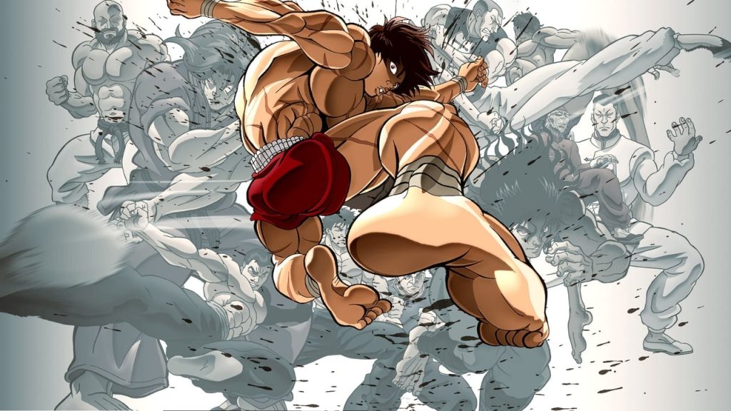 Baki anime personaje principal dando una patada voladora