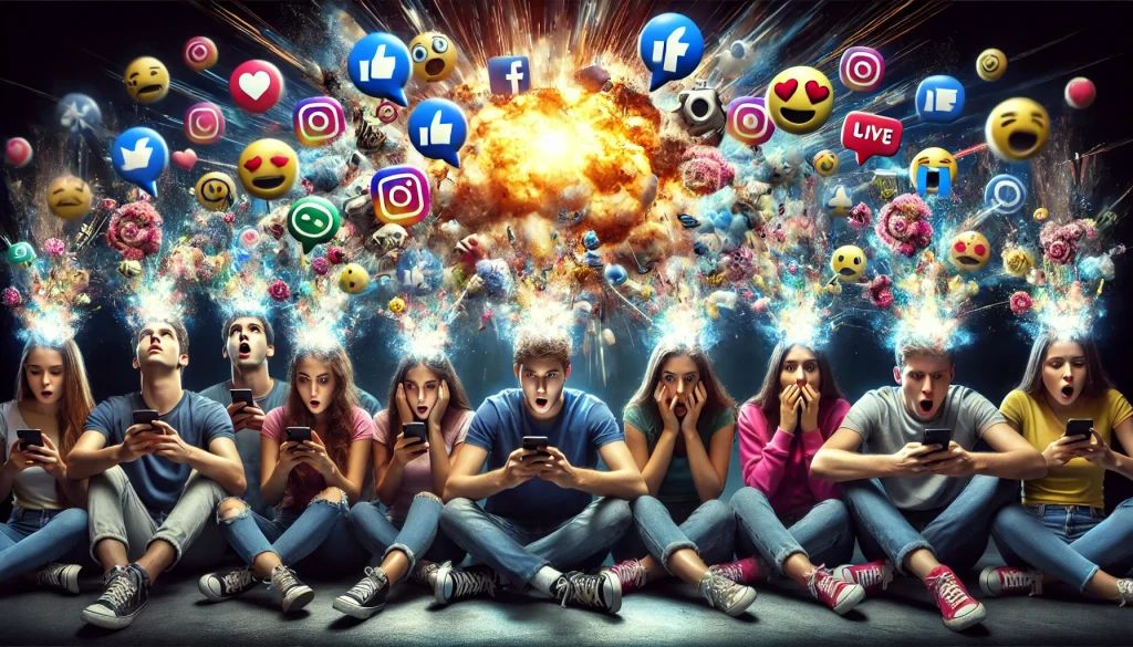 Jovenes mirando Instagram y comparándose con influencers, mostrando la presión social en redes.